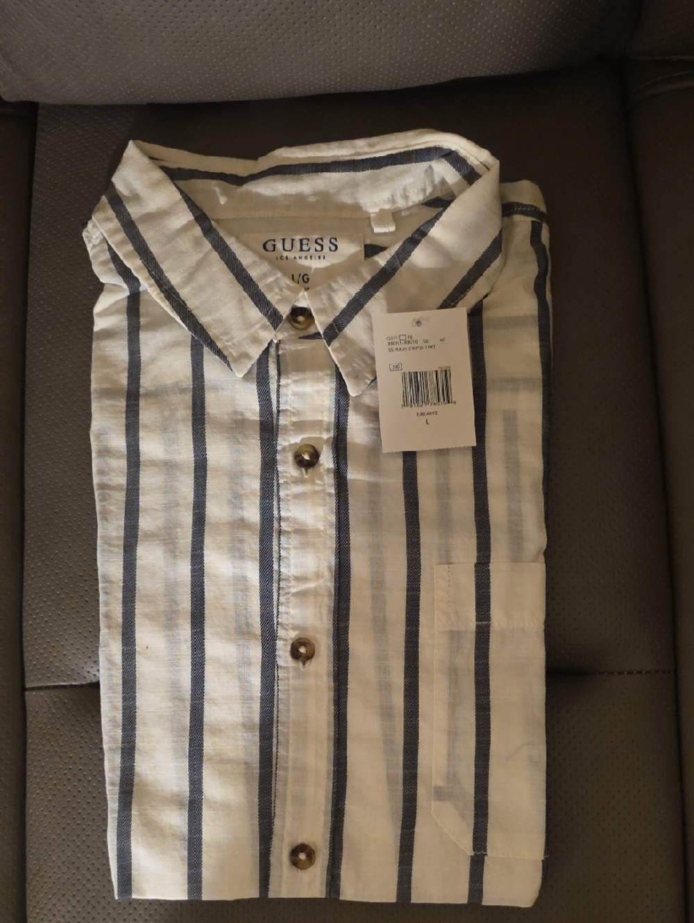 GUESS Men’s White and Navy Vertical Stripe Button-Down Shirt